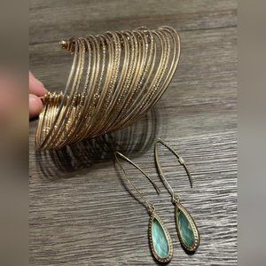 Jade tone and Gold earrings and bangle set